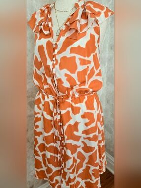 100% Silk Ann Taylor LOFT Dress Orange White Print Ruffle Neck Tie Waist Size 12